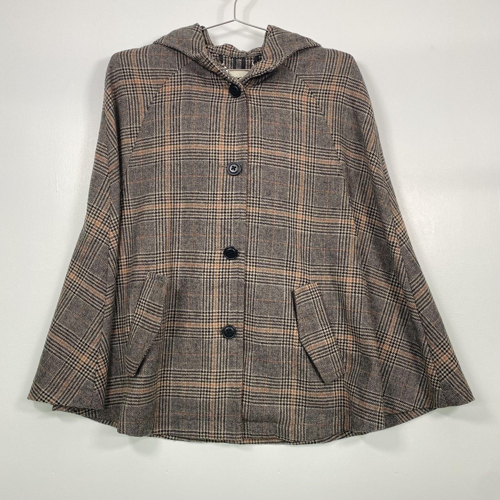 BBDakota Cape Womens Medium Brown Plaid Tweed Hooded ButtonFront Pockets Academi